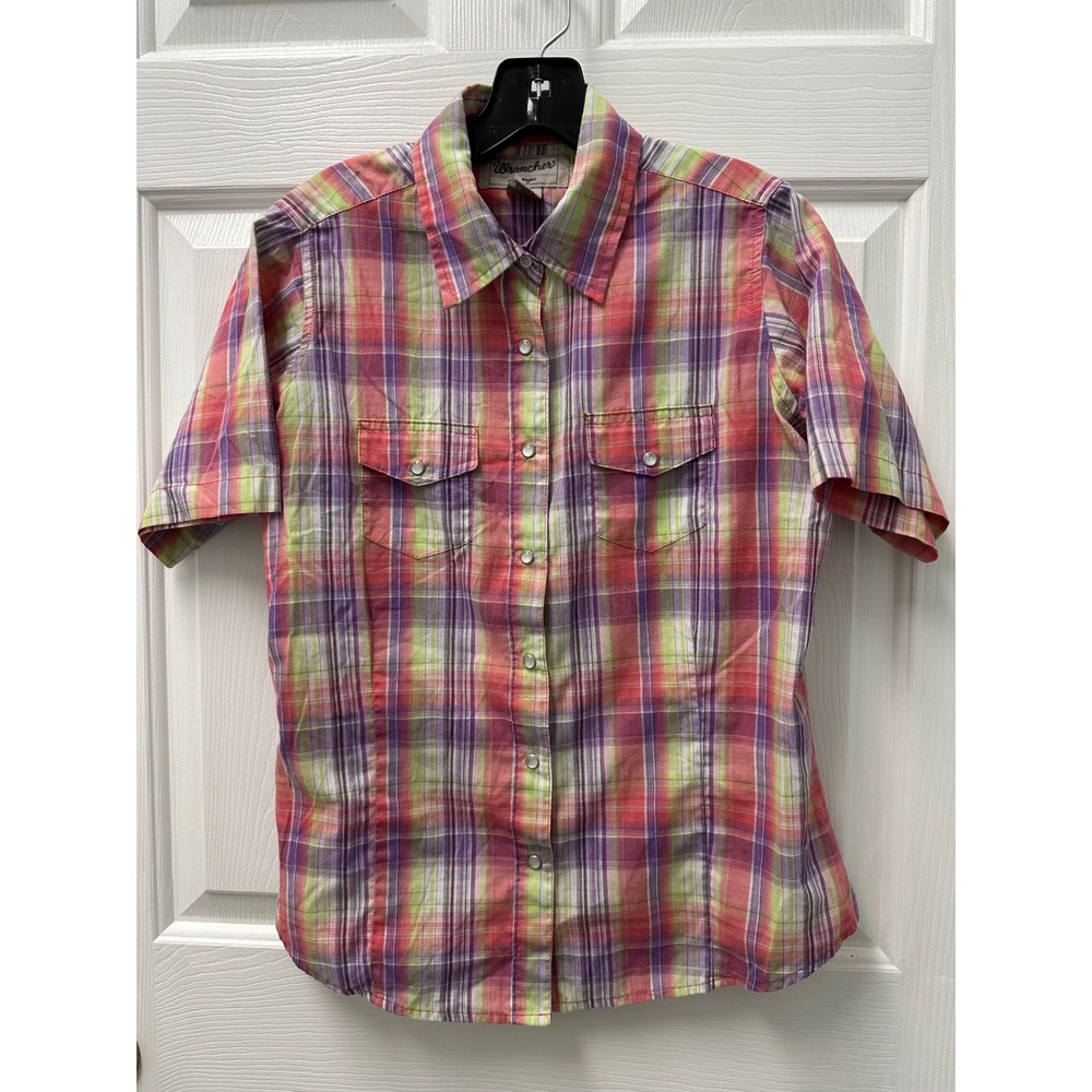 Womens‎ Wrancher by Wrangler Pearl Snap Plaid Short Sleeve Shirt Medium Western